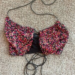 White fox Floral Lace-Up Crop Top